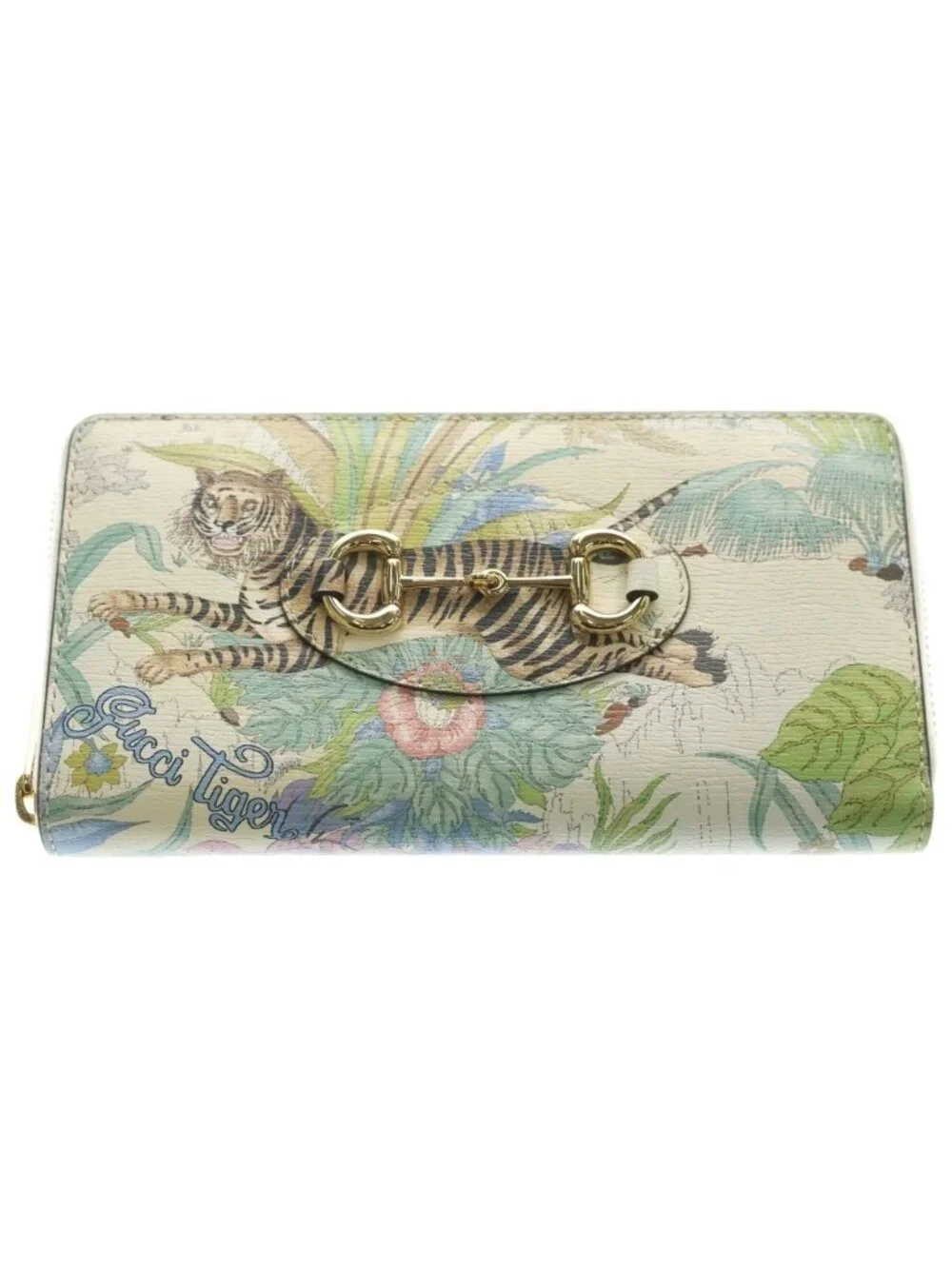 Gucci Horsebit Tiger Leather Gold Zip Around Wallet Ivory Multicolor